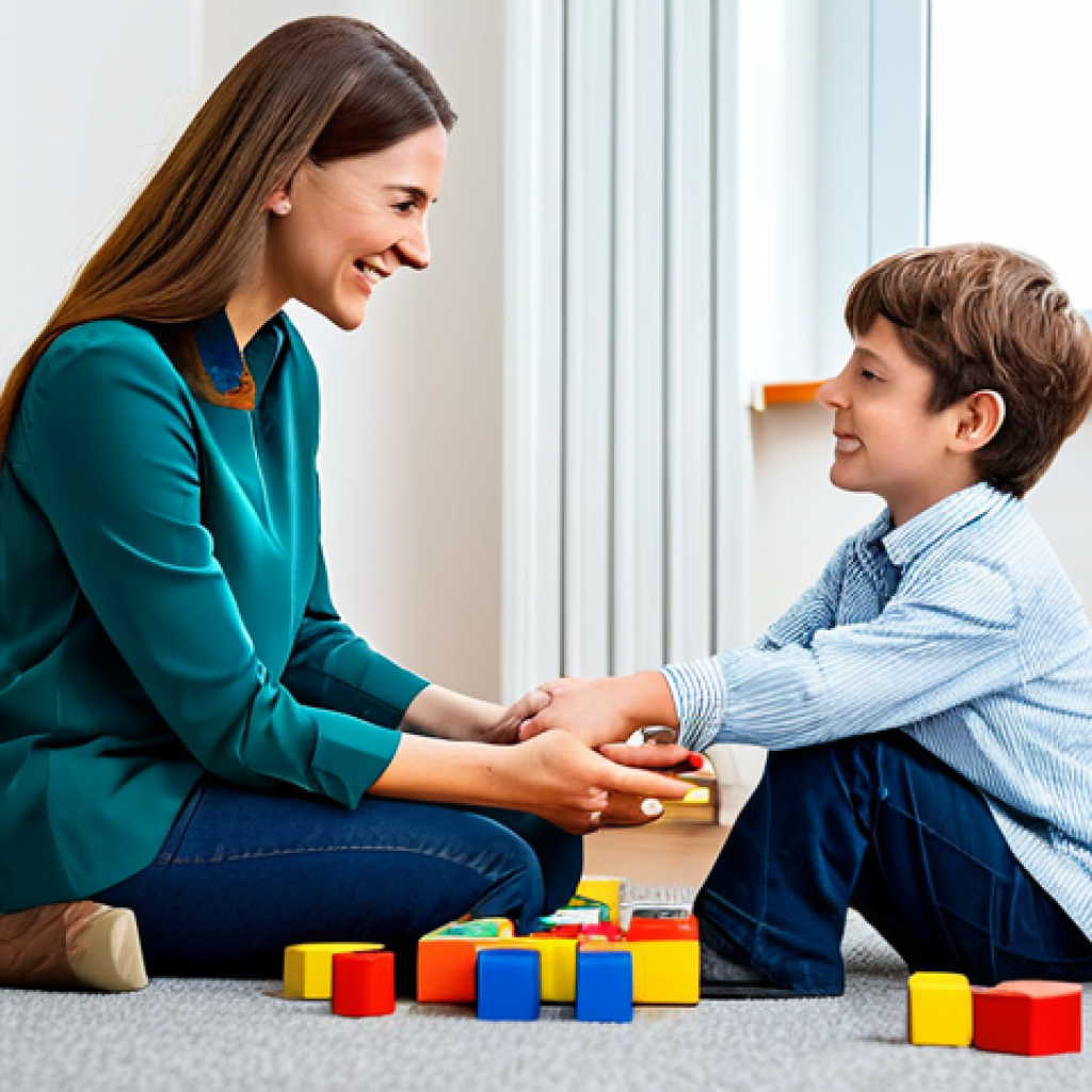 Child Therapist & Child Playing with Blocks**

"A child therapist, a woman with a warm and friendly demeanor, sitting on the floor with a 7-year-old boy, both fully clothed, appropriate attire, playing with colorful building blocks in a brightly lit, child-friendly therapy room. The boy is knocking down a tower of blocks. The scene conveys a sense of safety and connection. Safe for work, appropriate content, modest clothing, professional setting, perfect anatomy, natural proportions, well-formed hands, proper finger count."

**