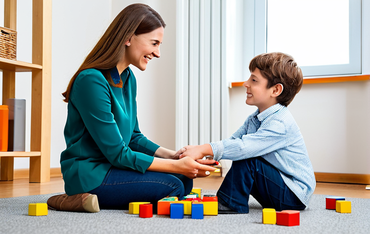 Child Therapist & Child Playing with Blocks**

"A child therapist, a woman with a warm and friendly demeanor, sitting on the floor with a 7-year-old boy, both fully clothed, appropriate attire, playing with colorful building blocks in a brightly lit, child-friendly therapy room. The boy is knocking down a tower of blocks. The scene conveys a sense of safety and connection. Safe for work, appropriate content, modest clothing, professional setting, perfect anatomy, natural proportions, well-formed hands, proper finger count."

**