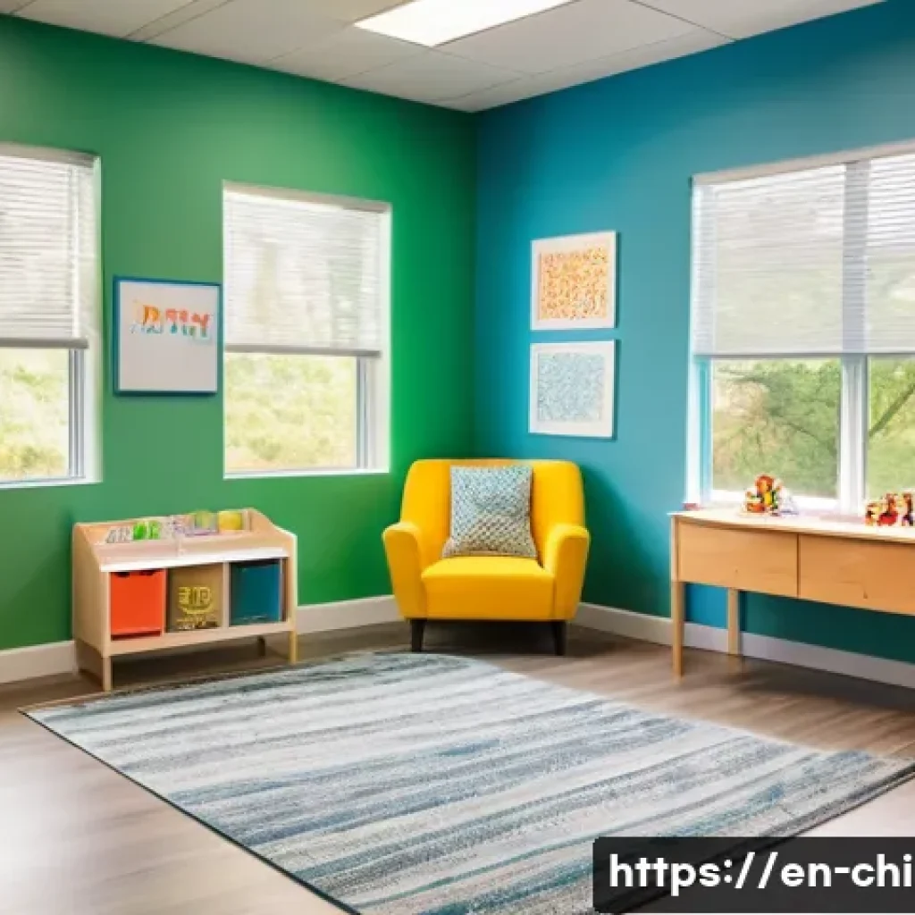 아동심리상담사로 취업하기 - A warm, inviting counseling room designed for children, featuring colorful walls adorned with educat...