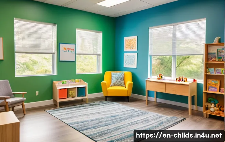 아동심리상담사로 취업하기 - A warm, inviting counseling room designed for children, featuring colorful walls adorned with educat...