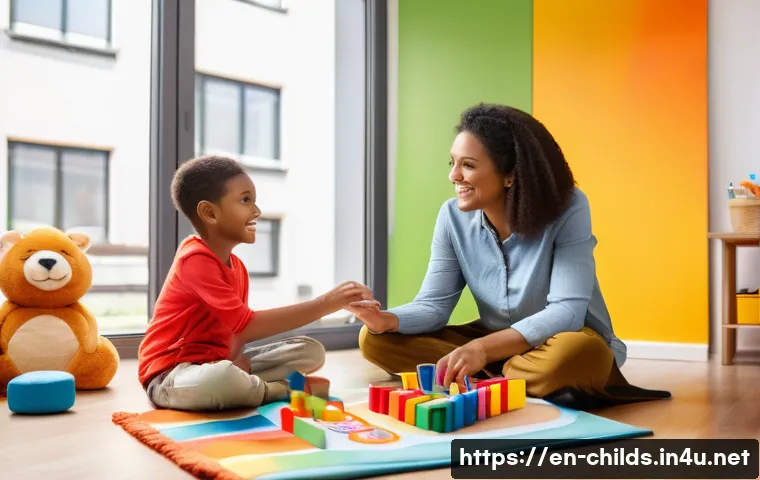 아동심리상담사 단기 자격증 - A warm and inviting child psychology counseling session scene featuring a diverse female counselor i...