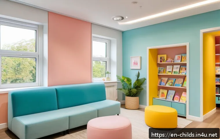아동심리상담사로 창업하기 - A warm, inviting child psychology counseling office interior designed for young families, featuring ...