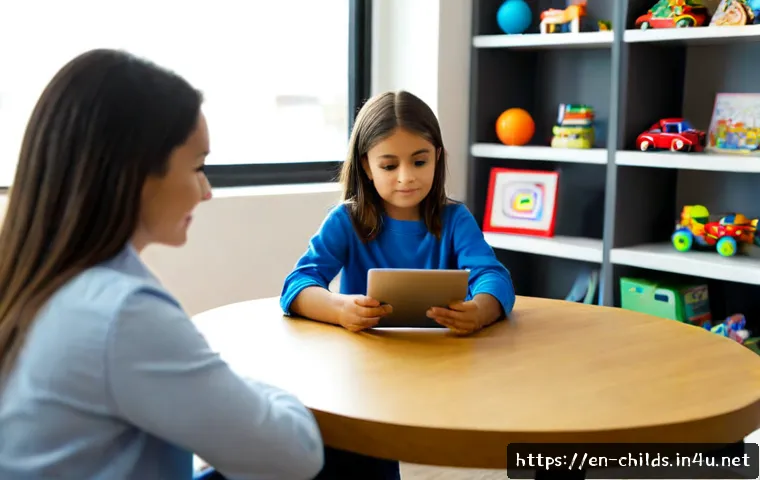 아동심리상담사의 직업 만족도 조사 - Photorealistic child psychologist in a welcoming American counseling office, seated comfortably at a...