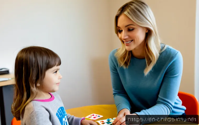 Home 17 아동심리상담사로서 언어치료 활용 - Photorealistic child counseling session in a warm American therapy office, a compassionate female ch...